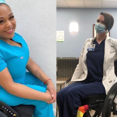 Andrea Dalzell and Ryann Kress, two female nurses in scrubs using wheelchairs